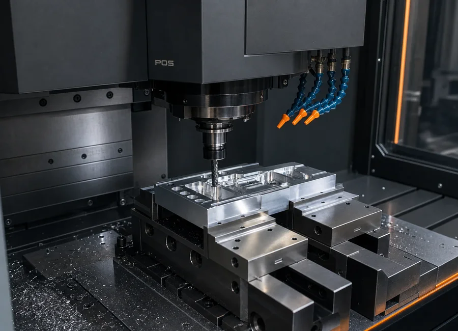 CNC-Fräsen eines Aluminiumbauteils auf einer POS-Fräsmaschine bei BEICK