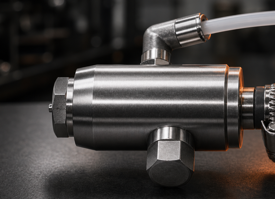 Metallischer Sprühkopf mit Schlauch- und Medienanschlüssen als Ersatzteil für ein VIB-Sprühsystem